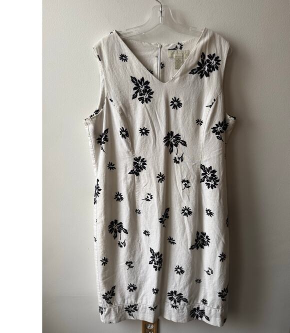 Norton McNaughton Dresses & Skirts - Norton McNaughton White Linen Midi Shift Dress Black Floral 90s Sleeveless 18 XL